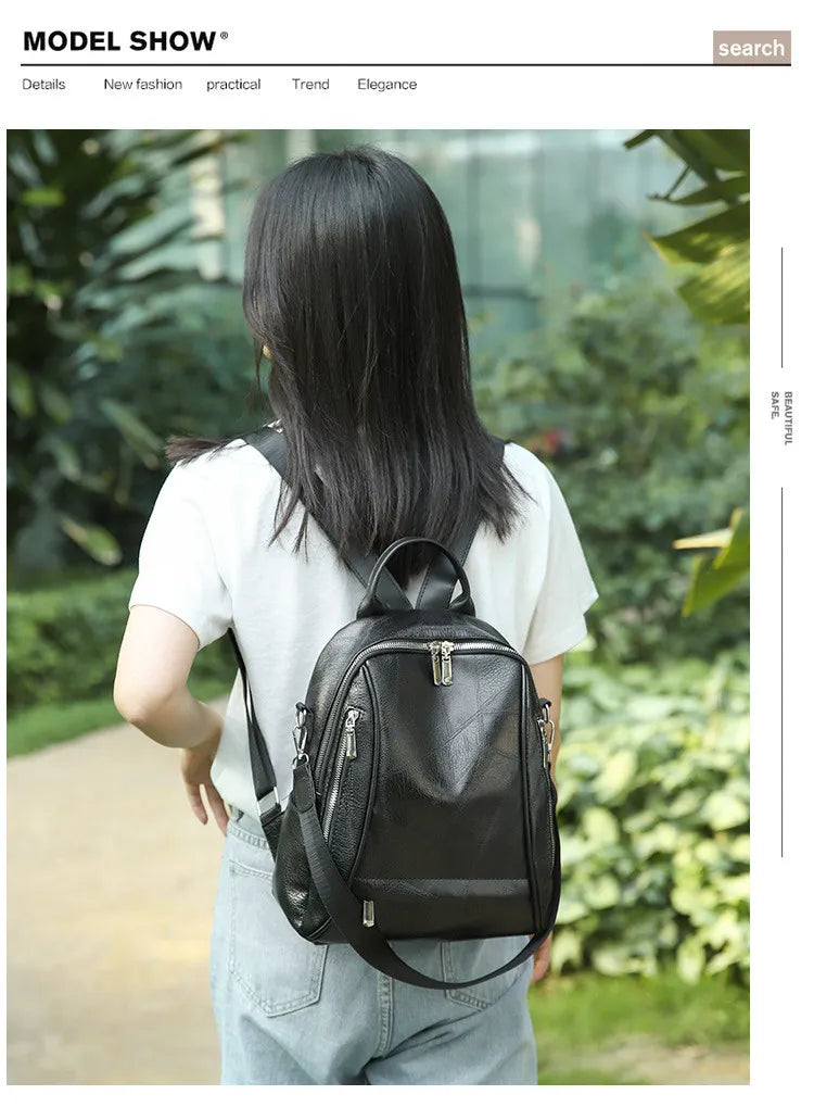 Women Fashionable Simple PU Large Capacity Zipper Backpack