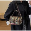 Women Retro Simple Wool Plaid Zip Handle Shoulder Bag