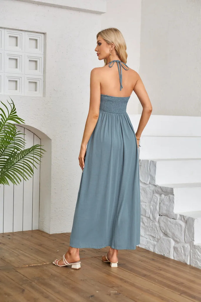 Summer Women Fashion Solid Color V-Neck Halter Neck Backless Maxi Dress