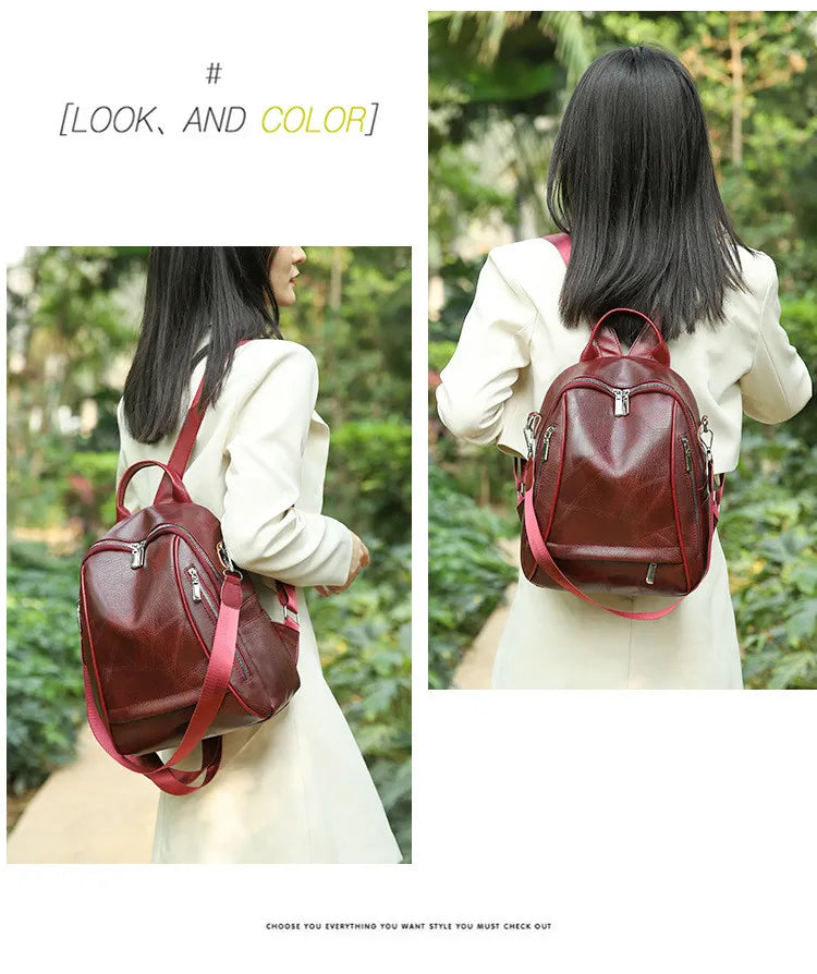 Women Fashionable Simple PU Large Capacity Zipper Backpack