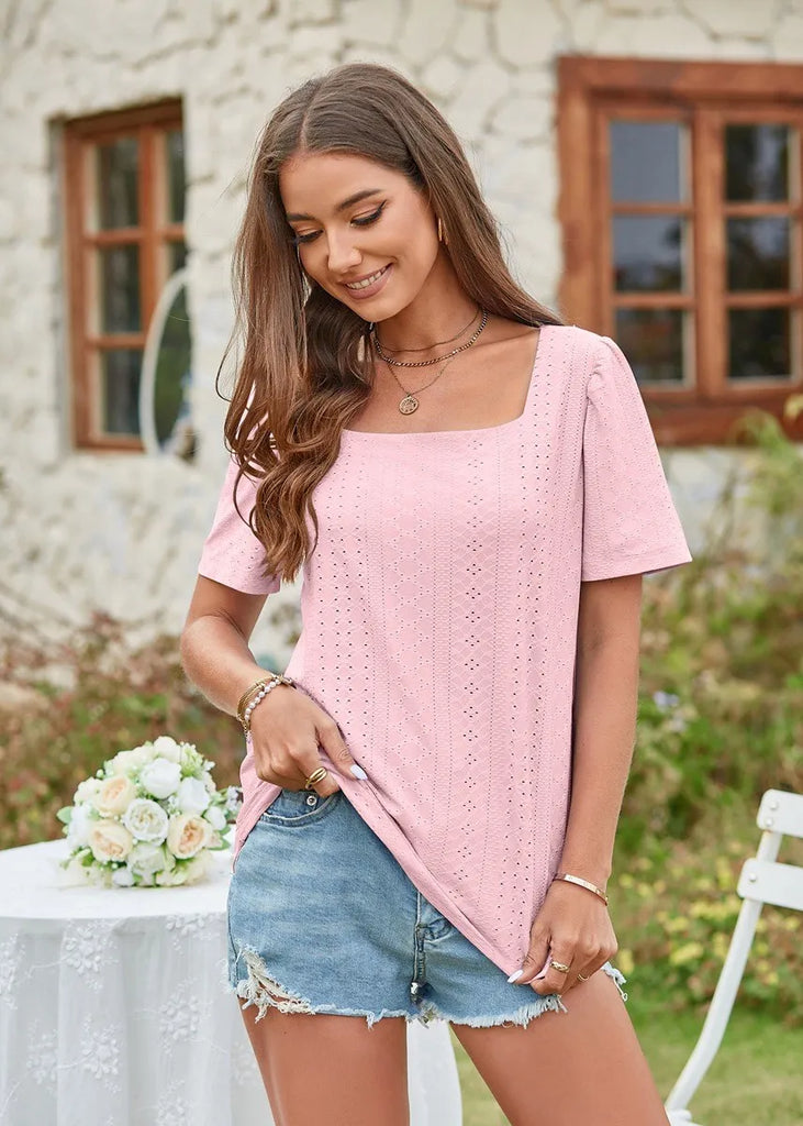 Summer Women Casual Square Neck Soild Color Short-Sleeved Casual T-Shirt