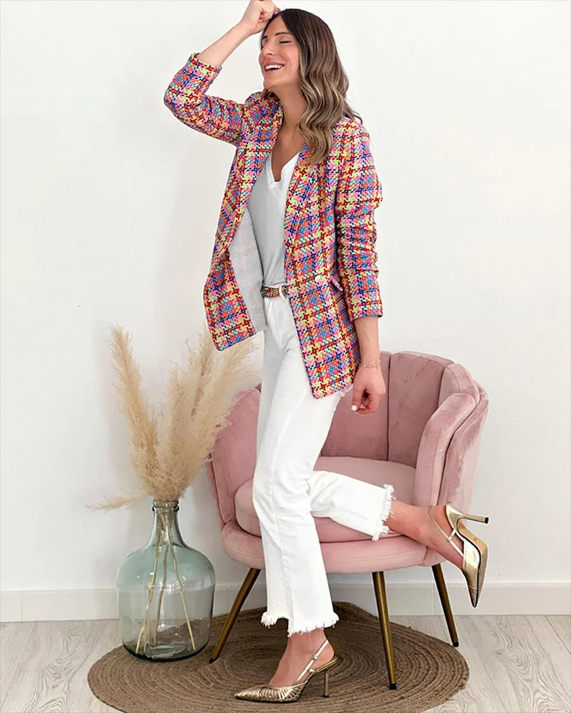 Autumn Winter Women Fashion Casual Plaid Long Sleeve Pocket Printed Double-Breasted Suit Jacket Blazers