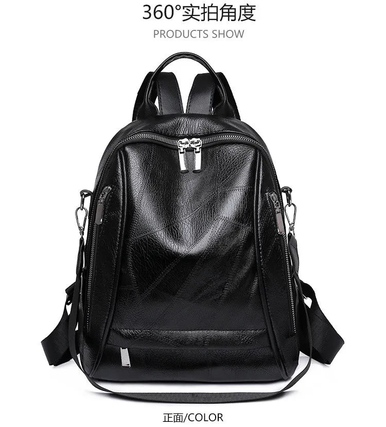 Women Fashionable Simple PU Large Capacity Zipper Backpack