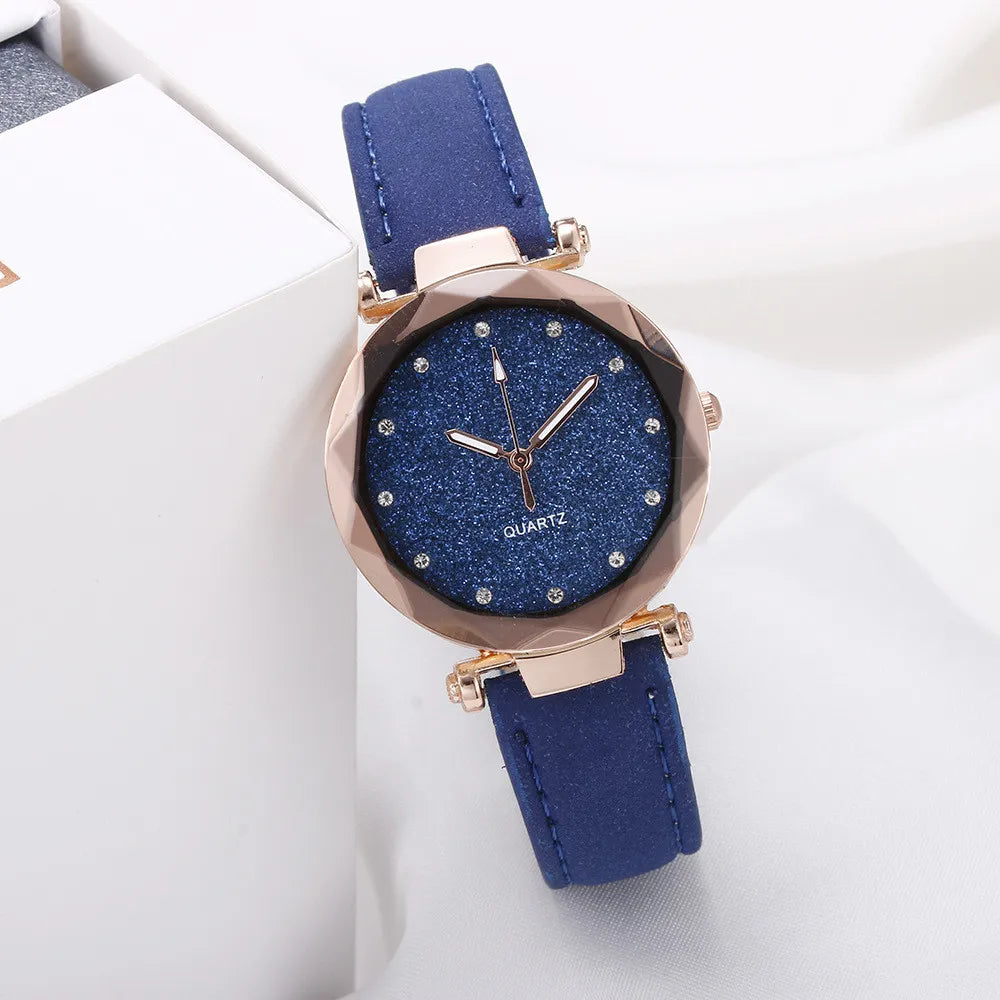 2 PCS Glitter Starry Silver Fashion Women Frosted Pu Band Belt Quartz Watch