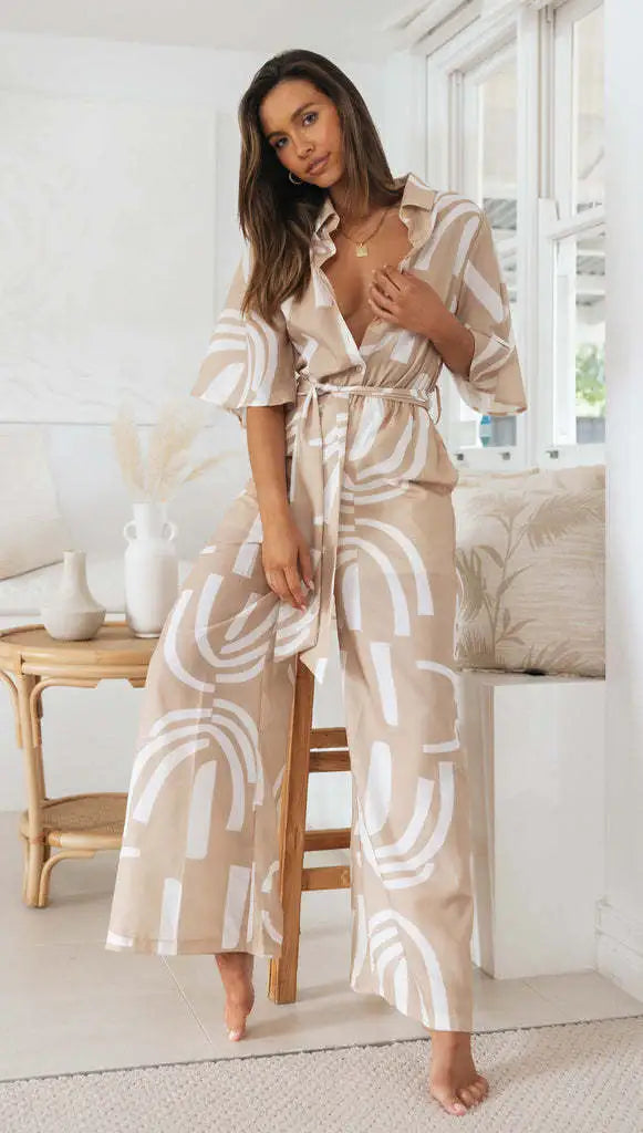 Casual Fashion Women Geometry Printed Lapel Half-Sleeve Belt Loose Jumpsuits
