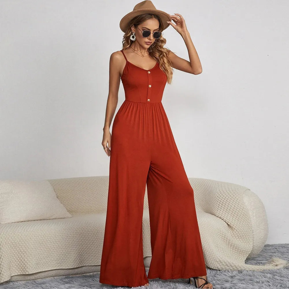 Women Summer Solid Color Casual Pullover Spaghetti Strap Button Wide Leg Jumpsuits