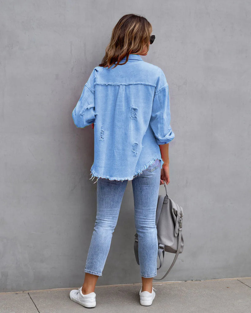 Women Fashion Casual Lapel Ripped Denim Coat Jeans