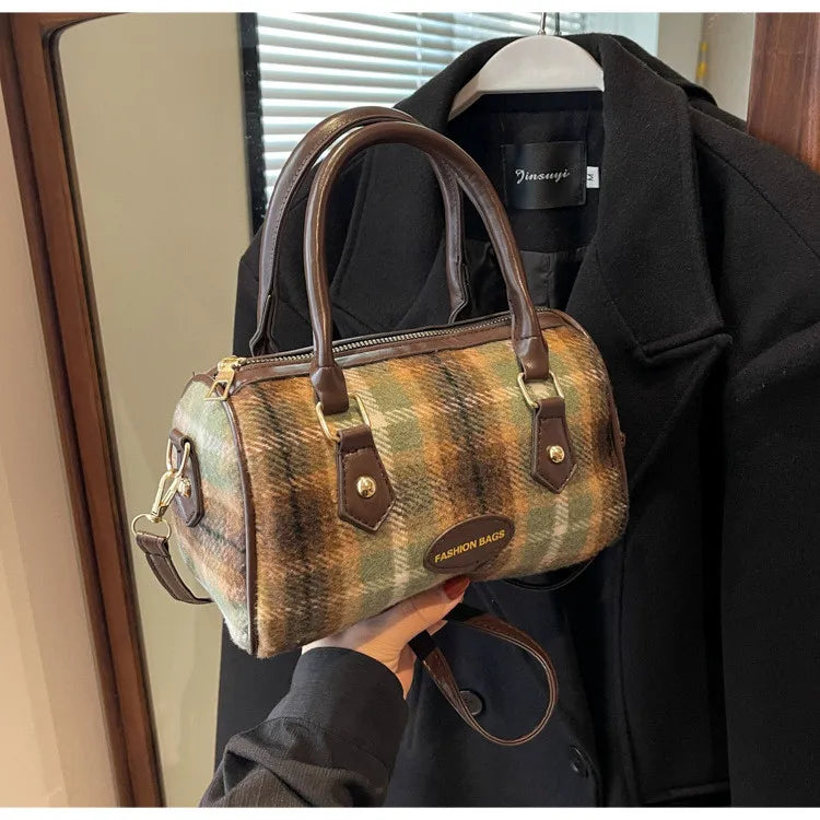 Women Retro Simple Wool Plaid Zip Handle Shoulder Bag