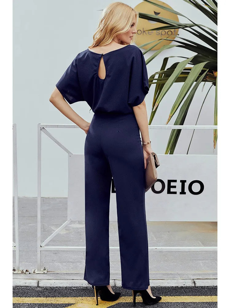 Women Fashion Casual Solid Color Round Neck Short Sleeve High Waist Wide Leg Lace Up Jumpsuit