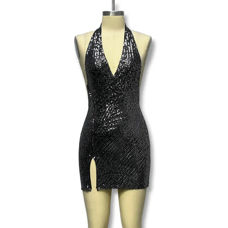 Women Fashion Sexy Deep V Halter Neck Sequin Split Mini Dress