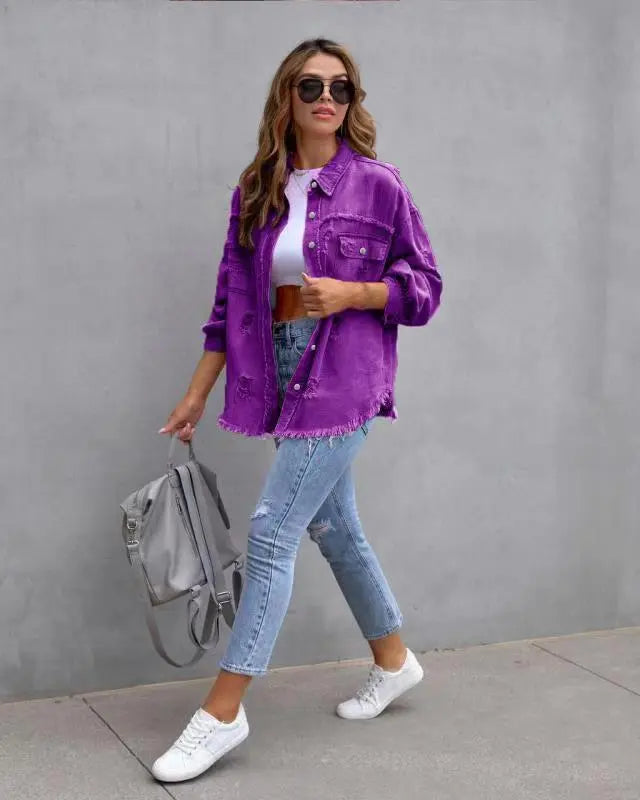 Women Fashion Casual Lapel Ripped Denim Coat Jeans