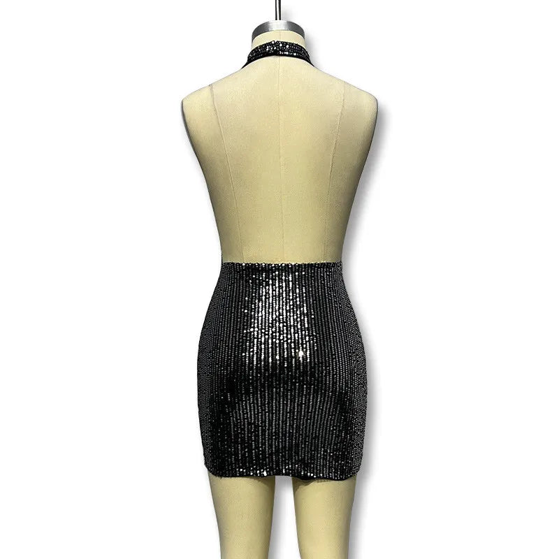 Women Fashion Sexy Deep V Halter Neck Sequin Split Mini Dress