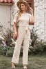 Women Fashion Casual Solid Color Round Neck Short Sleeve High Waist Wide Leg Lace Up Jumpsuit