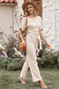 Women Fashion Casual Solid Color Round Neck Short Sleeve High Waist Wide Leg Lace Up Jumpsuit