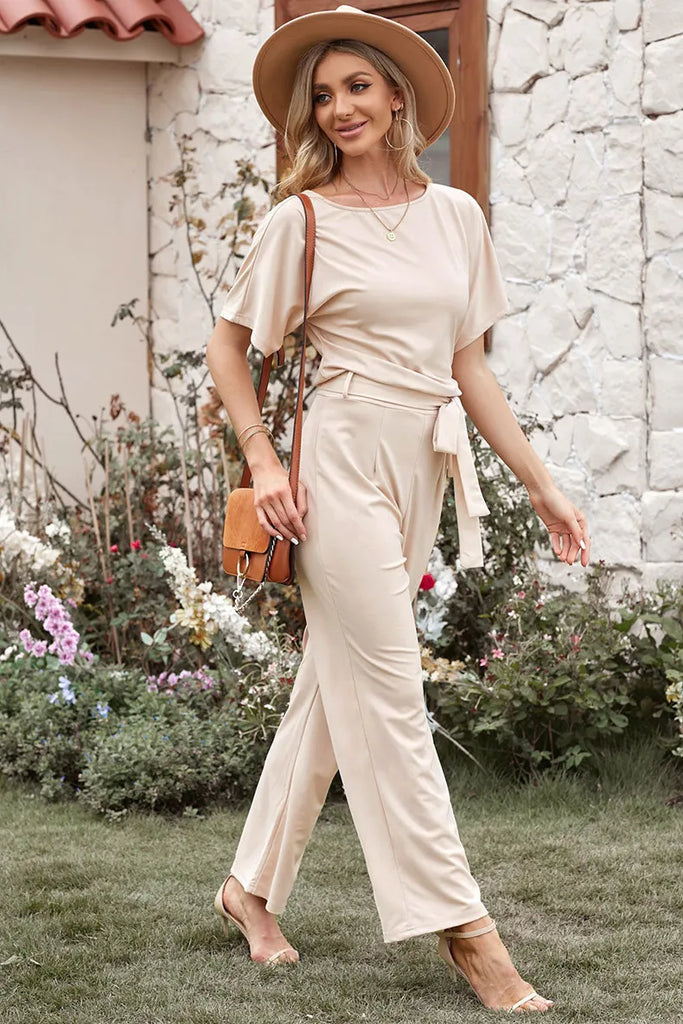 Women Fashion Casual Solid Color Round Neck Short Sleeve High Waist Wide Leg Lace Up Jumpsuit