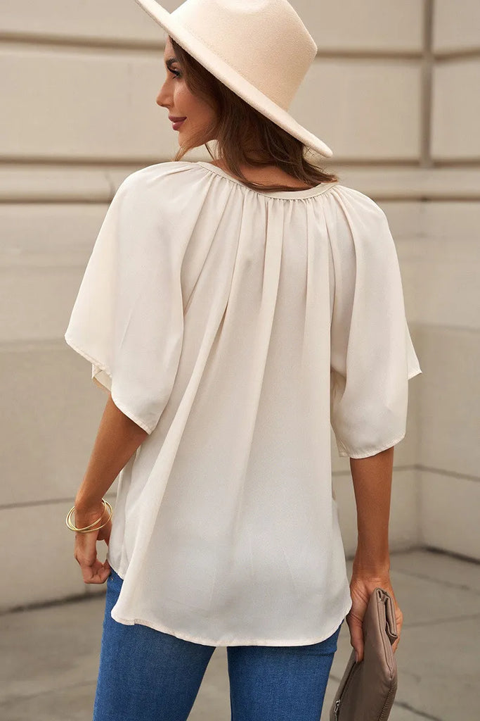 Women Casual Loose Solid Color V-Neck Pullover Ruffled Short Sleeve Blouses