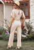 Women Fashion Casual Solid Color Round Neck Short Sleeve High Waist Wide Leg Lace Up Jumpsuit