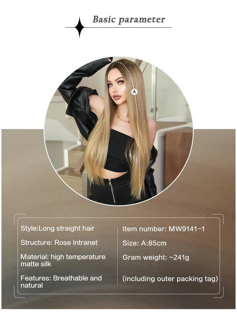 Women Gold Gradient Chemical Fiber Long Straight Wig