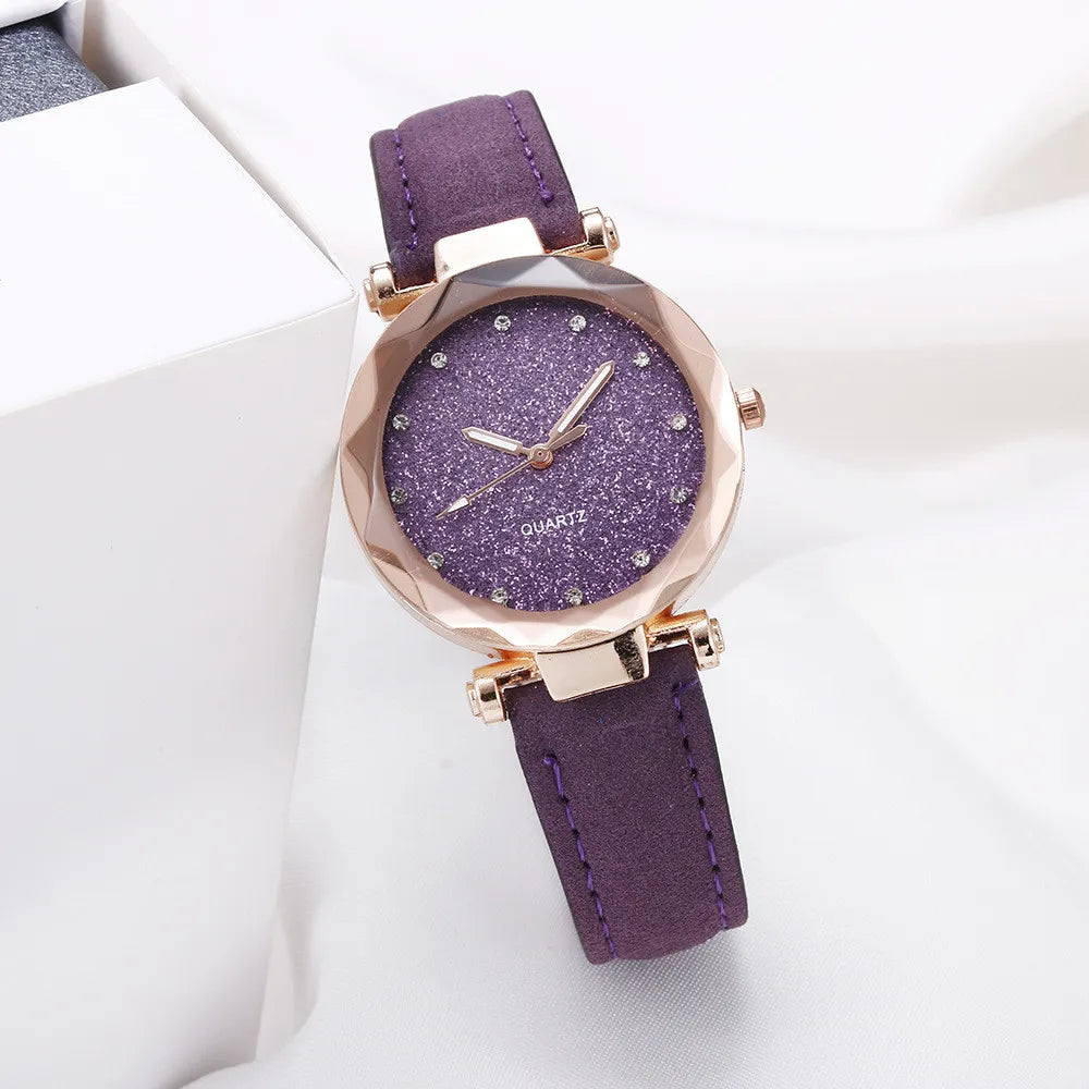 2 PCS Glitter Starry Silver Fashion Women Frosted Pu Band Belt Quartz Watch