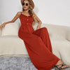 Women Summer Solid Color Casual Pullover Spaghetti Strap Button Wide Leg Jumpsuits