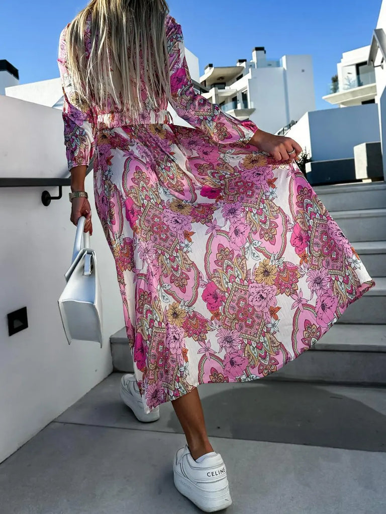 Women's Fashion Print Waist Long Sleeve Side Slit Dress