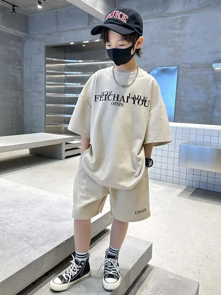 Kids Big Boys Summer Fashion Casual Solid Color Letter Round Neck Two-Piece Set