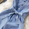 Women Fashion Vintage Buckle Lace-Up Defined Waist Straight Wide Leg Denim Jumpsuit