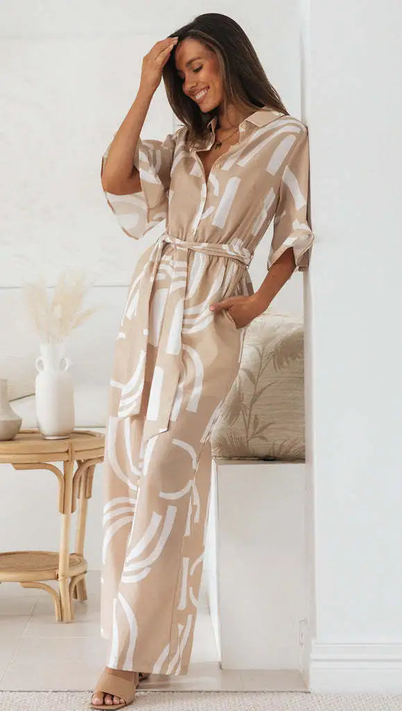 Casual Fashion Women Geometry Printed Lapel Half-Sleeve Belt Loose Jumpsuits