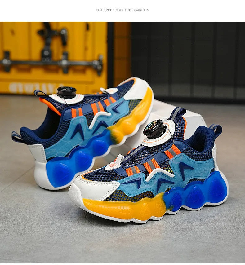 Kids Boys Fashion Casual Mesh Breathable Color Matching Rotating Button High Top Sneakers