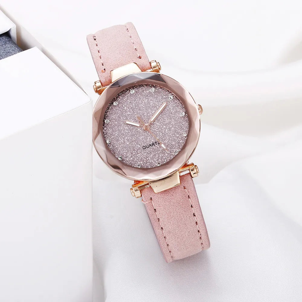 2 PCS Glitter Starry Silver Fashion Women Frosted Pu Band Belt Quartz Watch