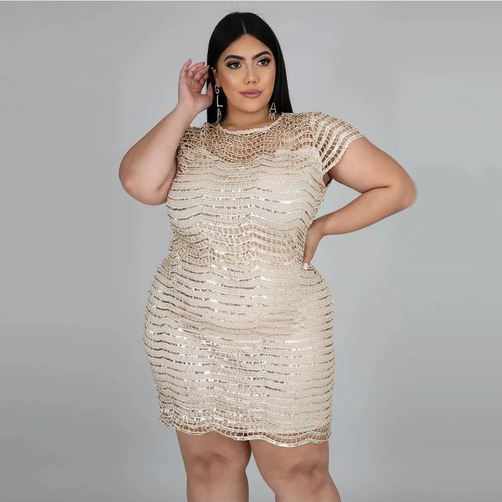 Women Fashion Sexy Plus Size Sequin Round Neck Short Sleeve Party Dress