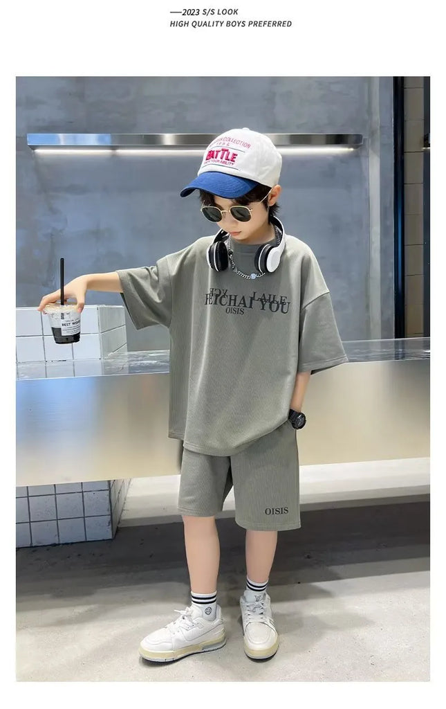 Kids Big Boys Summer Fashion Casual Solid Color Letter Round Neck Two-Piece Set