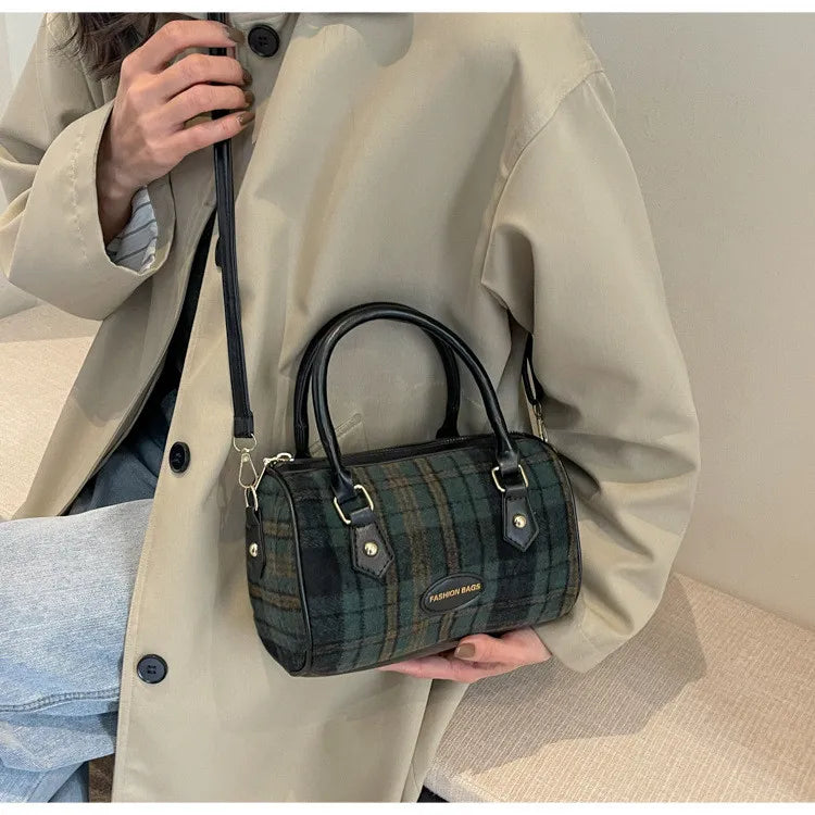 Women Retro Simple Wool Plaid Zip Handle Shoulder Bag