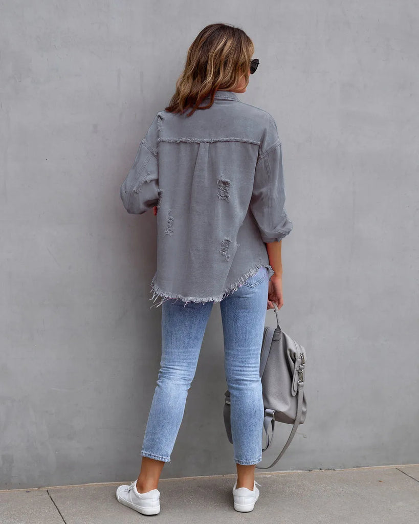 Women Fashion Casual Lapel Ripped Denim Coat Jeans