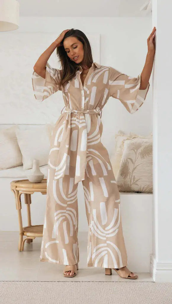 Casual Fashion Women Geometry Printed Lapel Half-Sleeve Belt Loose Jumpsuits