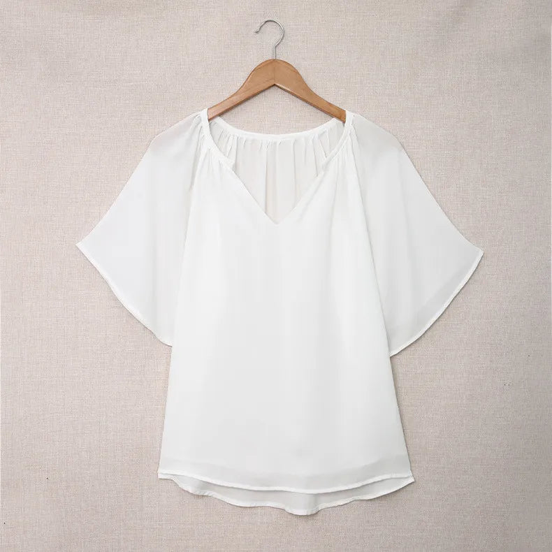 Women Casual Loose Solid Color V-Neck Pullover Ruffled Short Sleeve Blouses