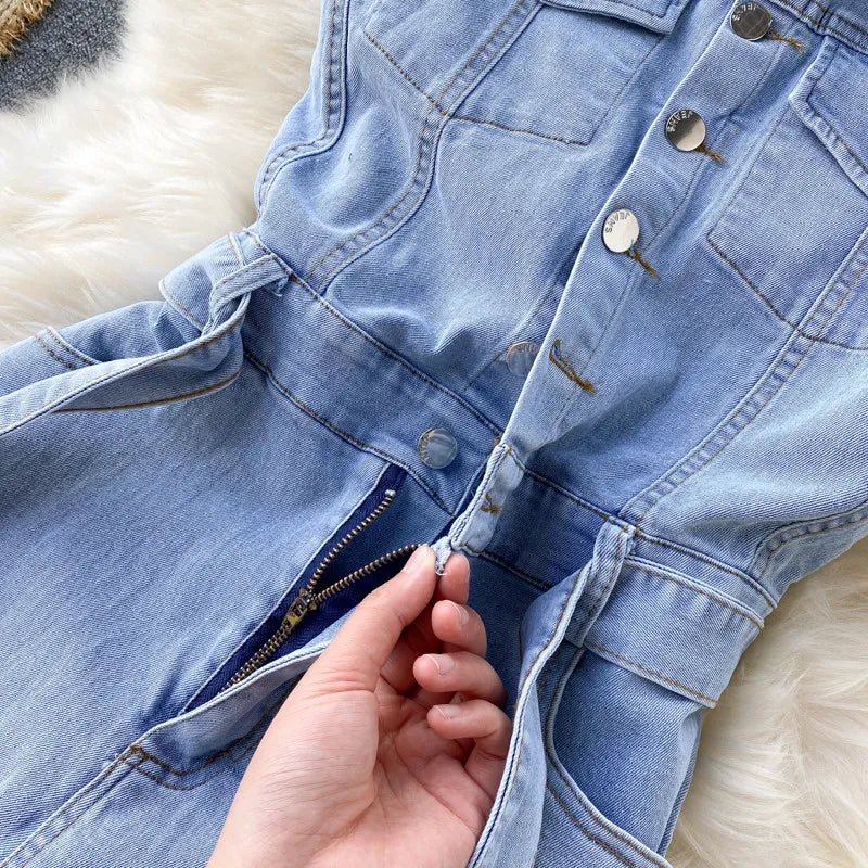 Women Fashion Vintage Buckle Lace-Up Defined Waist Straight Wide Leg Denim Jumpsuit