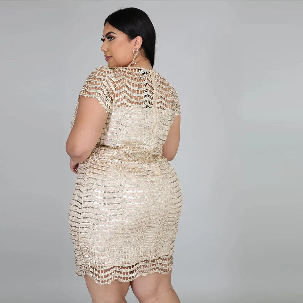 Women Fashion Sexy Plus Size Sequin Round Neck Short Sleeve Party Dress