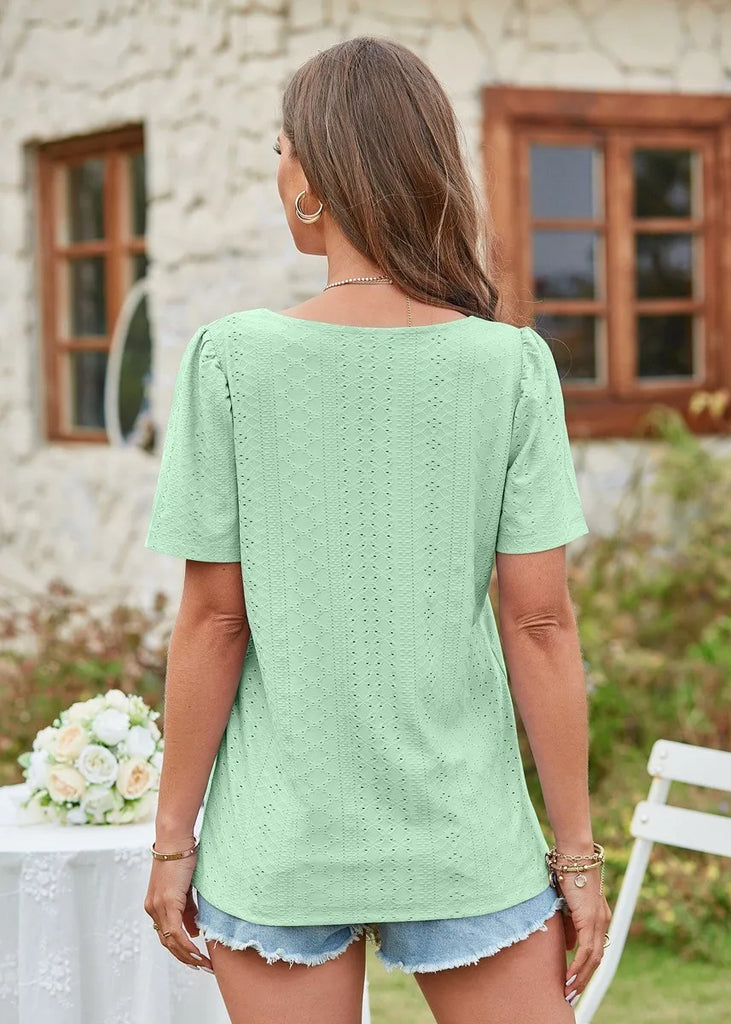 Summer Women Casual Square Neck Soild Color Short-Sleeved Casual T-Shirt