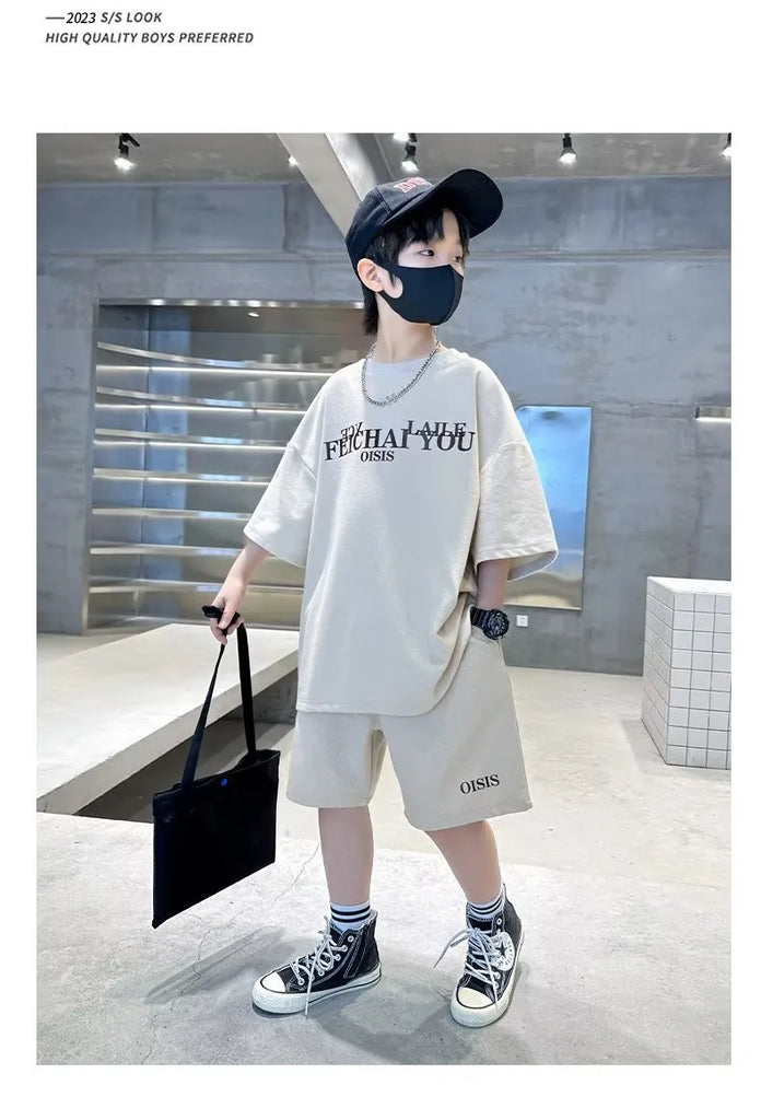 Kids Big Boys Summer Fashion Casual Solid Color Letter Round Neck Two-Piece Set