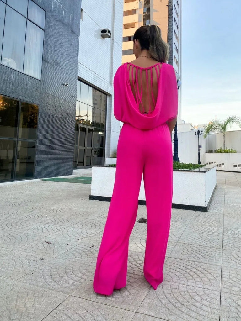 Elegant Women Backless Loose Elastic Waist Solid Color Office Jumpsuits