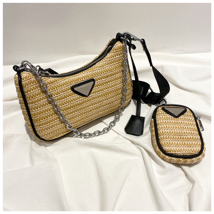 Straw Bag Female Summer French Niche Design Three-in-one Single Shoulder Messenger Woven Bag