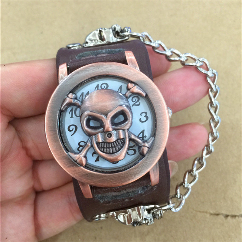 Skull Flip Leather Belt Band Bracelet Quartz Watch