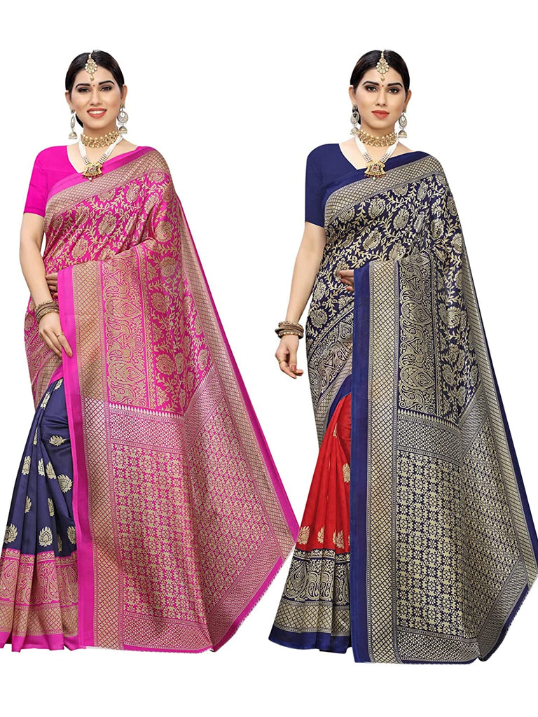 Combo Pack Of 2 - Women's Printed Poly Silk Saree With Blouse Indian Traditional Saree Wedding Dress Handmade Famous Actress Style Party Wear Free Size  Ethenic Wear Clothes For Women