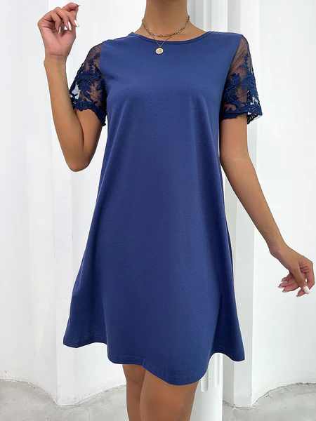 Embroidery Mesh Sleeve Solid Dress