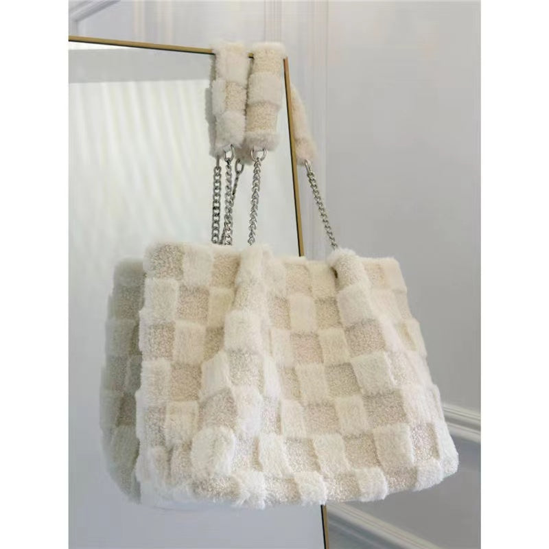 White Plush One Shoulder Bag Casual Tote Bag