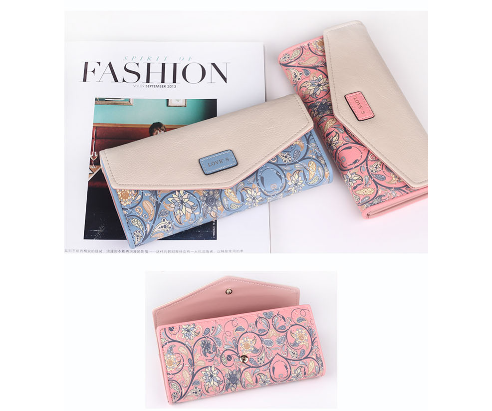 Korean version of the garden small floral rhombic hit color envelope buckle three fold wallet long ladies wallet