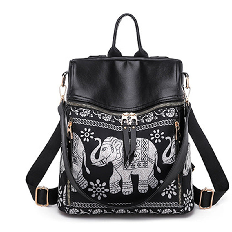 Multifunctional Ethnic Style Elephant Print Student One-shoulder Backpack