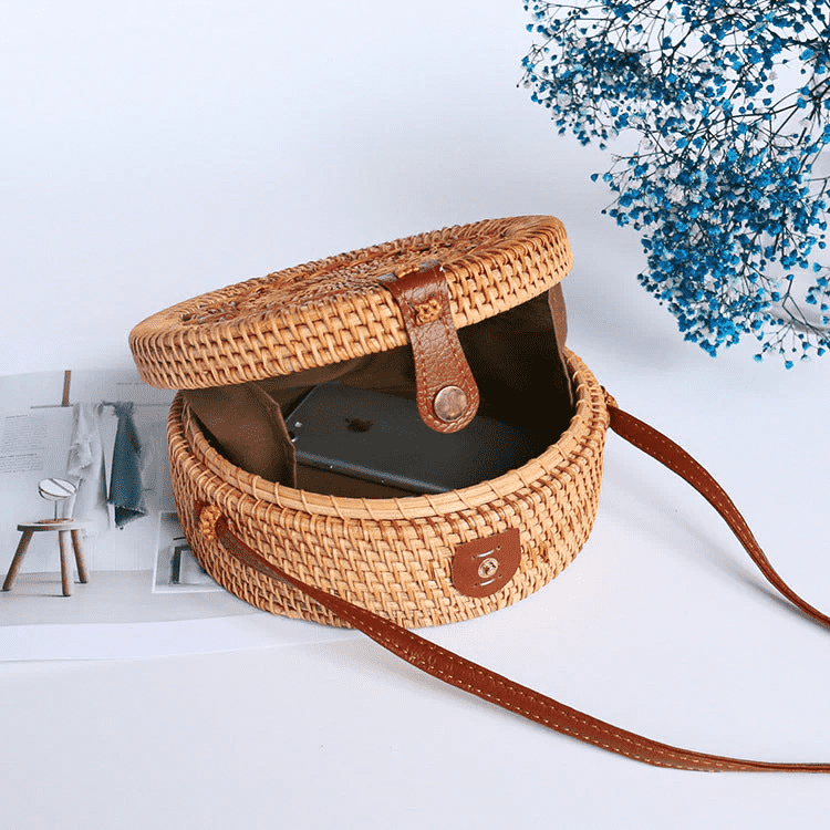 Woven Rattan Handbag with Faux Leather Straps