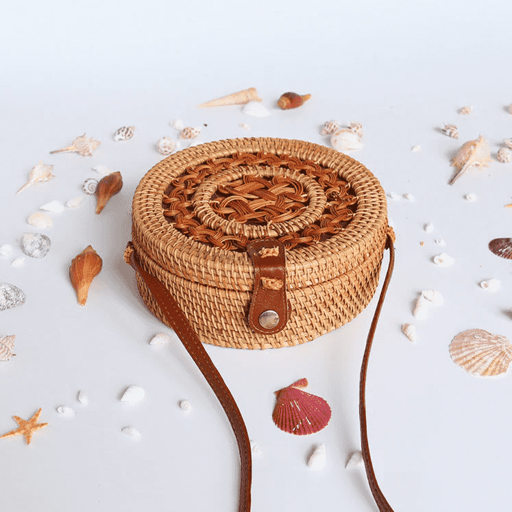 Woven Rattan Handbag with Faux Leather Straps